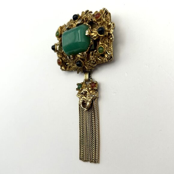 Vintage Kramer of New York Brooch Tassel Faux Jade Cabochon Gold Tone Rare - Picture 8 of 15